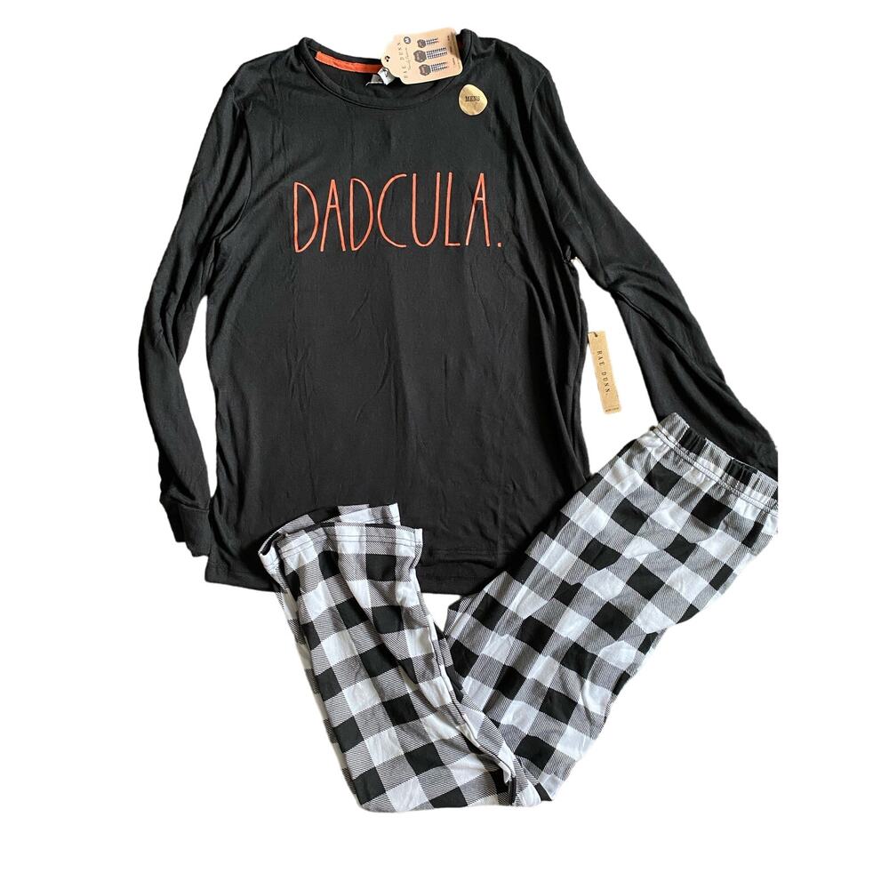 Rae Dunn “DADCULA” Men's Black & White Buffalo Plaid Halloween Large Pajama Set